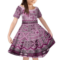 Vintage Bula Fiji Personalised Family Matching Off The Shoulder Long Sleeve Dress and Hawaiian Shirt Pink Hibiscus Tapa Pattern LT9 Daughter's Dress Pink - Polynesian Pride
