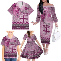 Vintage Bula Fiji Personalised Family Matching Off The Shoulder Long Sleeve Dress and Hawaiian Shirt Pink Hibiscus Tapa Pattern LT9 - Polynesian Pride
