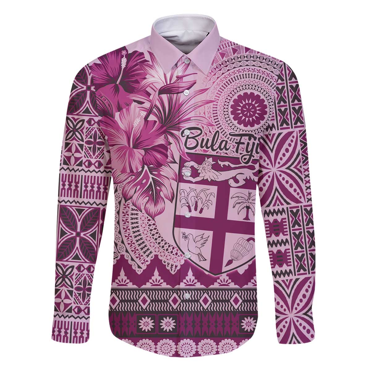 Vintage Bula Fiji Personalised Family Matching Off The Shoulder Long Sleeve Dress and Hawaiian Shirt Pink Hibiscus Tapa Pattern LT9 Dad's Shirt - Long Sleeve Pink - Polynesian Pride