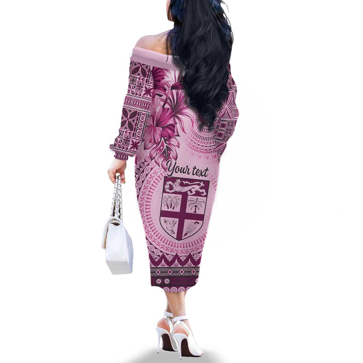 Vintage Bula Fiji Personalised Family Matching Off The Shoulder Long Sleeve Dress and Hawaiian Shirt Pink Hibiscus Tapa Pattern LT9 - Polynesian Pride