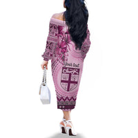 Vintage Bula Fiji Personalised Family Matching Off The Shoulder Long Sleeve Dress and Hawaiian Shirt Pink Hibiscus Tapa Pattern LT9 - Polynesian Pride