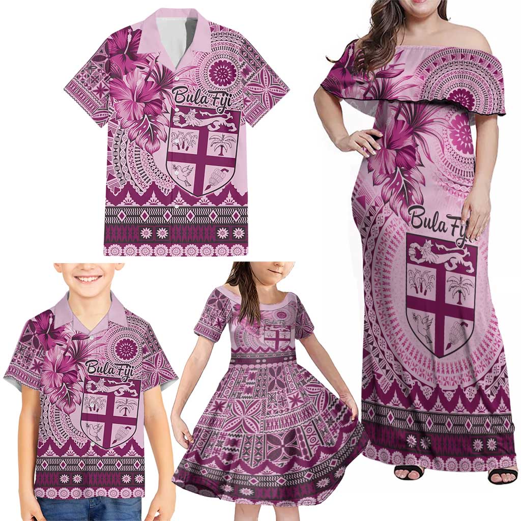 Vintage Bula Fiji Personalised Family Matching Off Shoulder Maxi Dress and Hawaiian Shirt Pink Hibiscus Tapa Pattern LT9 - Polynesian Pride