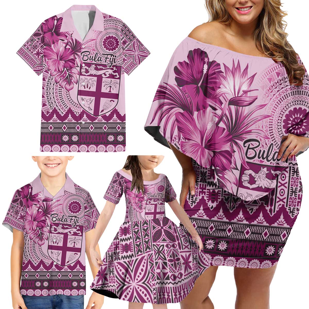 Vintage Bula Fiji Personalised Family Matching Off Shoulder Short Dress and Hawaiian Shirt Pink Hibiscus Tapa Pattern LT9 - Polynesian Pride