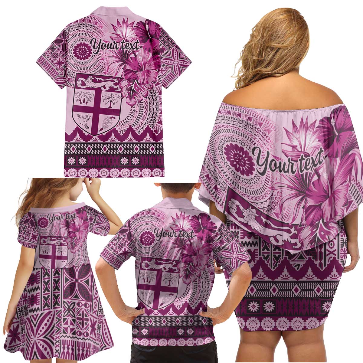 Vintage Bula Fiji Personalised Family Matching Off Shoulder Short Dress and Hawaiian Shirt Pink Hibiscus Tapa Pattern LT9 - Polynesian Pride