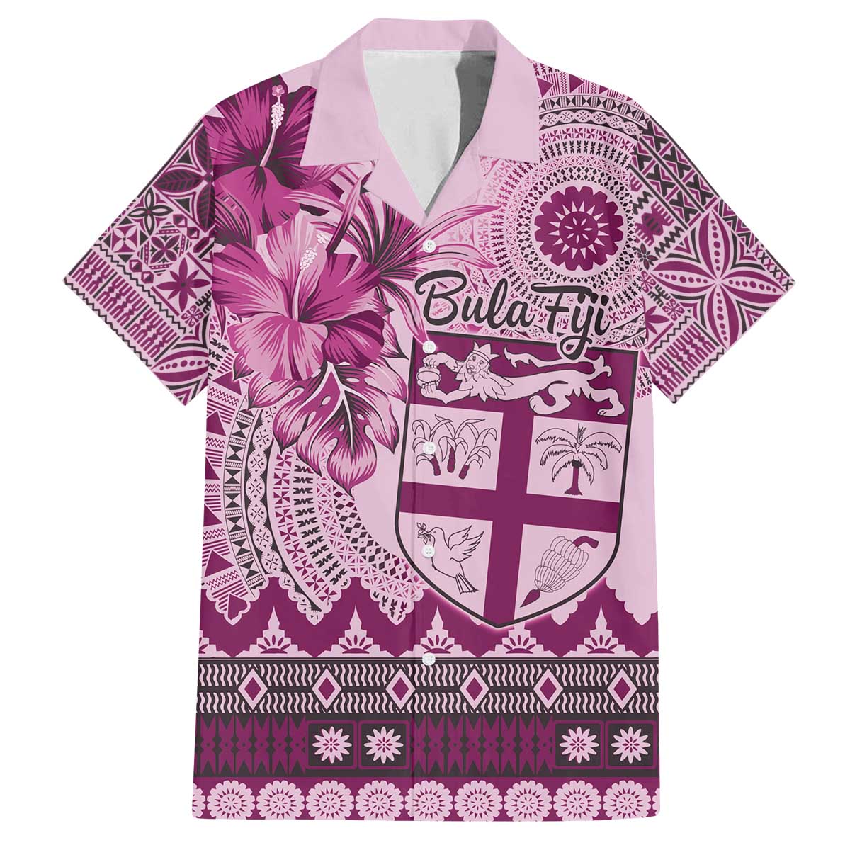 Vintage Bula Fiji Personalised Family Matching Off Shoulder Short Dress and Hawaiian Shirt Pink Hibiscus Tapa Pattern LT9 Dad's Shirt - Short Sleeve Pink - Polynesian Pride