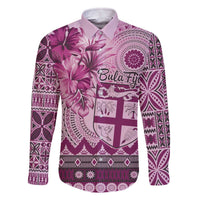 Vintage Bula Fiji Personalised Family Matching Off Shoulder Short Dress and Hawaiian Shirt Pink Hibiscus Tapa Pattern LT9 Dad's Shirt - Long Sleeve Pink - Polynesian Pride