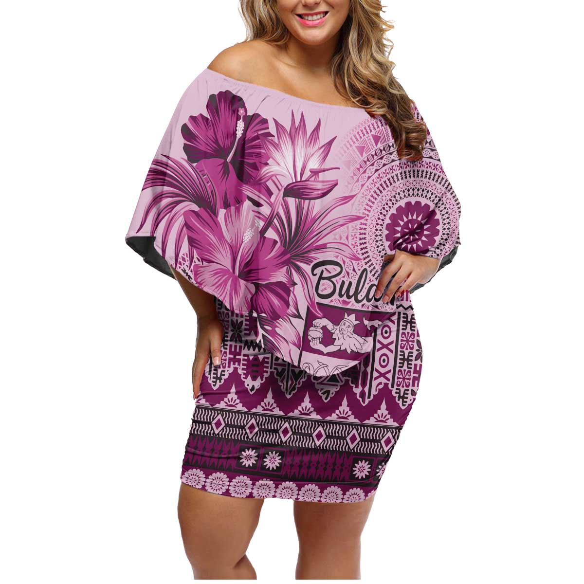 Vintage Bula Fiji Personalised Family Matching Off Shoulder Short Dress and Hawaiian Shirt Pink Hibiscus Tapa Pattern LT9 Mom's Dress Pink - Polynesian Pride