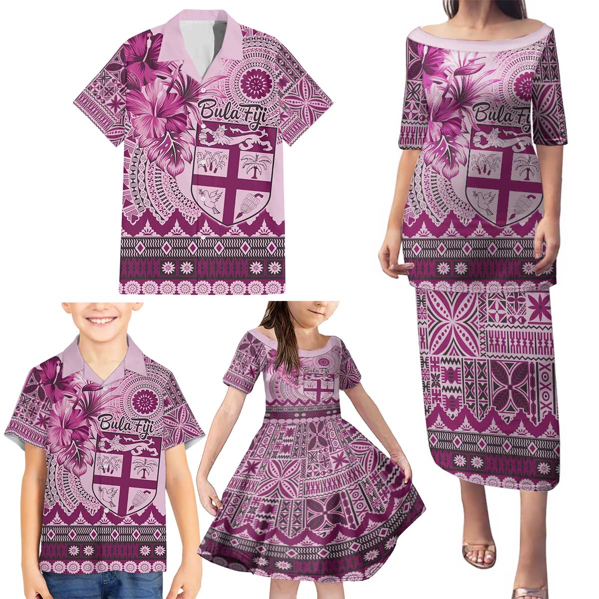 Vintage Bula Fiji Personalised Family Matching Puletasi and Hawaiian Shirt Pink Hibiscus Tapa Pattern LT9 - Polynesian Pride