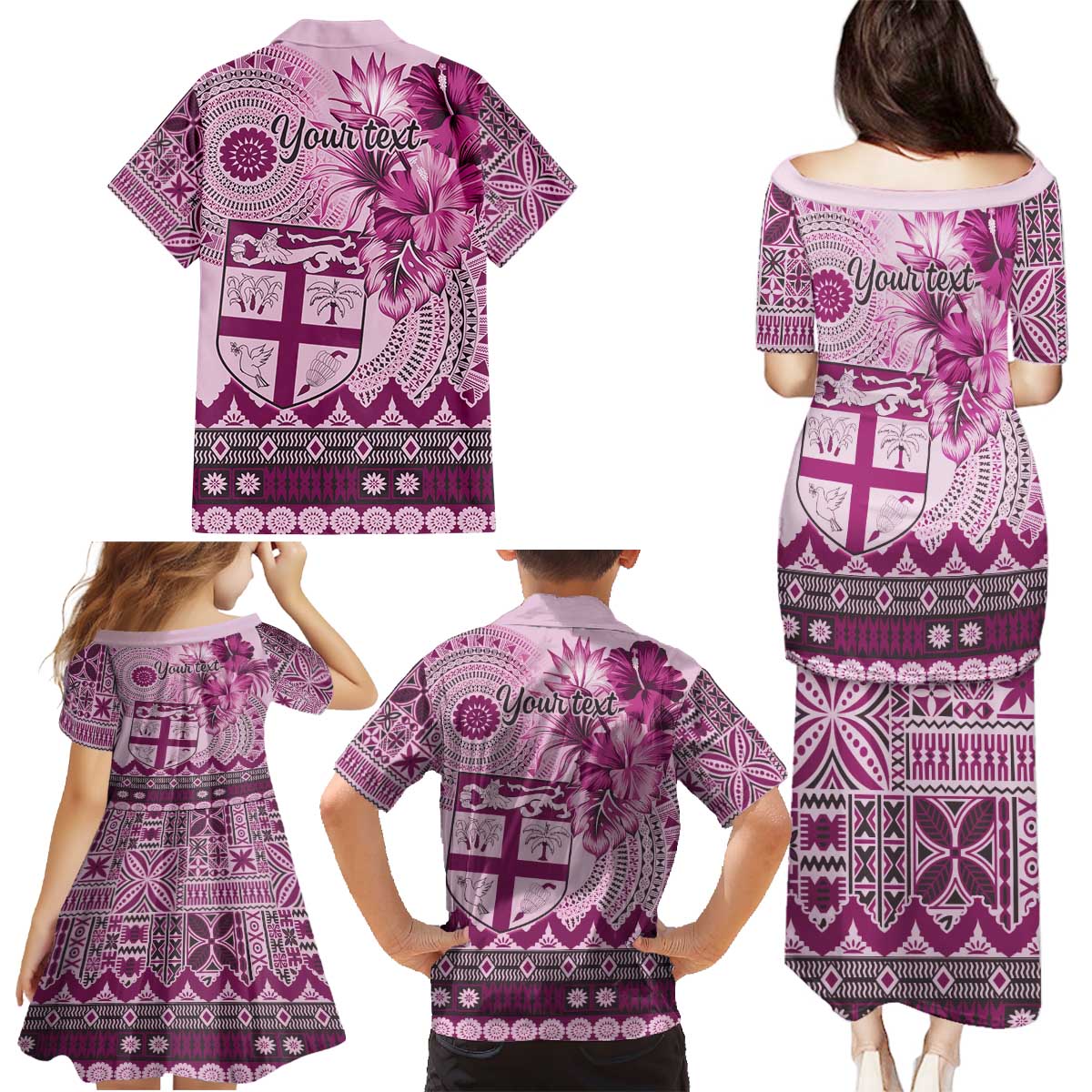 Vintage Bula Fiji Personalised Family Matching Puletasi and Hawaiian Shirt Pink Hibiscus Tapa Pattern LT9 - Polynesian Pride