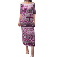 Vintage Bula Fiji Personalised Family Matching Puletasi and Hawaiian Shirt Pink Hibiscus Tapa Pattern LT9 Mom's Dress Pink - Polynesian Pride