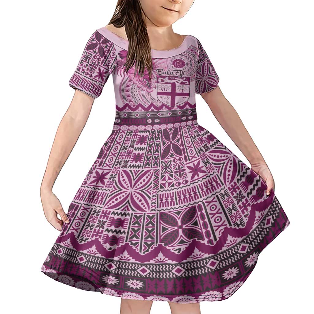 Vintage Bula Fiji Personalised Family Matching Short Sleeve Bodycon Dress and Hawaiian Shirt Pink Hibiscus Tapa Pattern LT9 Daughter's Dress Pink - Polynesian Pride