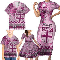 Vintage Bula Fiji Personalised Family Matching Short Sleeve Bodycon Dress and Hawaiian Shirt Pink Hibiscus Tapa Pattern LT9 - Polynesian Pride
