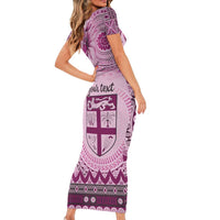 Vintage Bula Fiji Personalised Family Matching Short Sleeve Bodycon Dress and Hawaiian Shirt Pink Hibiscus Tapa Pattern LT9 - Polynesian Pride