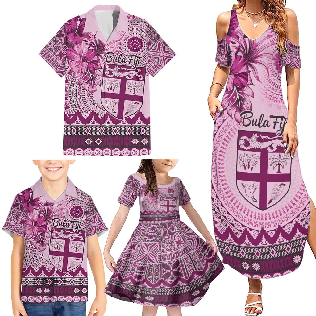 Vintage Bula Fiji Personalised Family Matching Summer Maxi Dress and Hawaiian Shirt Pink Hibiscus Tapa Pattern LT9 - Polynesian Pride