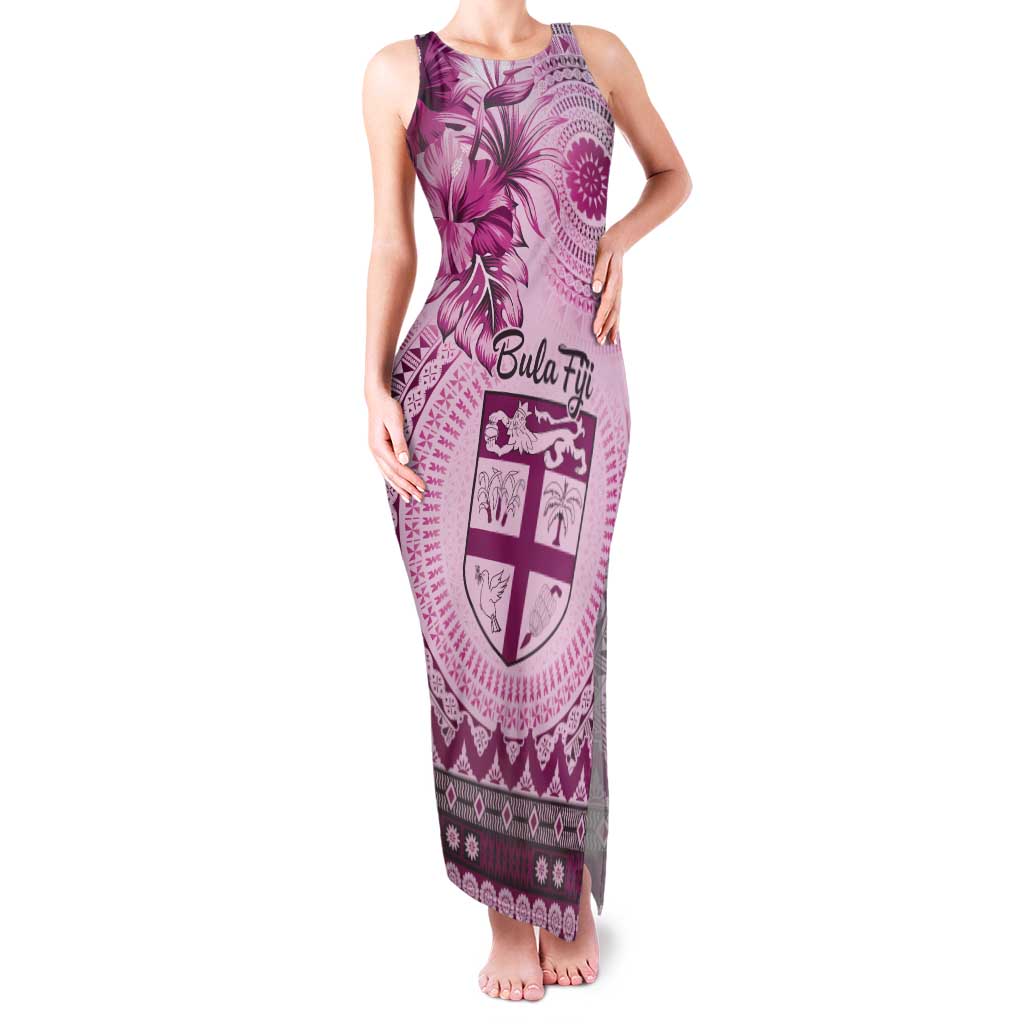 Vintage Bula Fiji Personalised Family Matching Tank Maxi Dress and Hawaiian Shirt Pink Hibiscus Tapa Pattern LT9 Mom's Dress Pink - Polynesian Pride