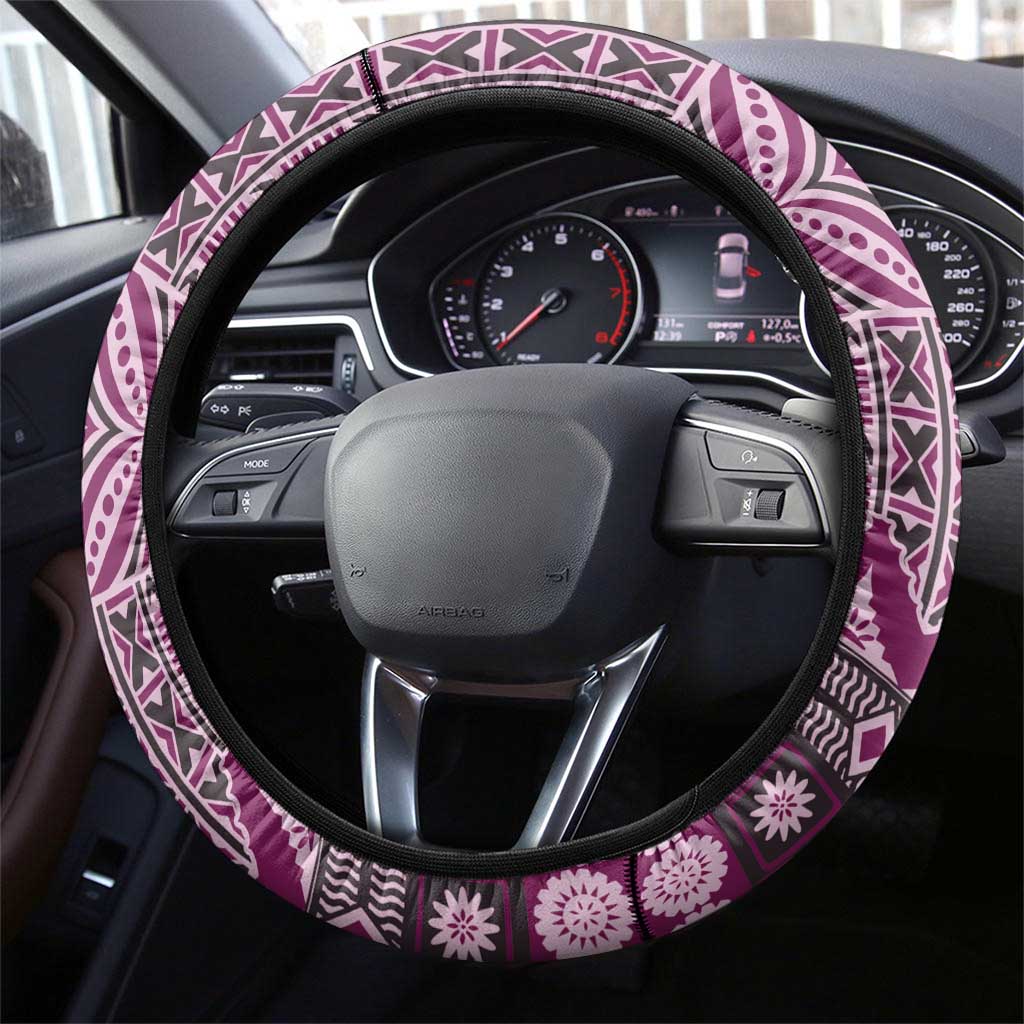 Vintage Bula Fiji Personalised Steering Wheel Cover Pink Hibiscus Tapa Pattern LT9