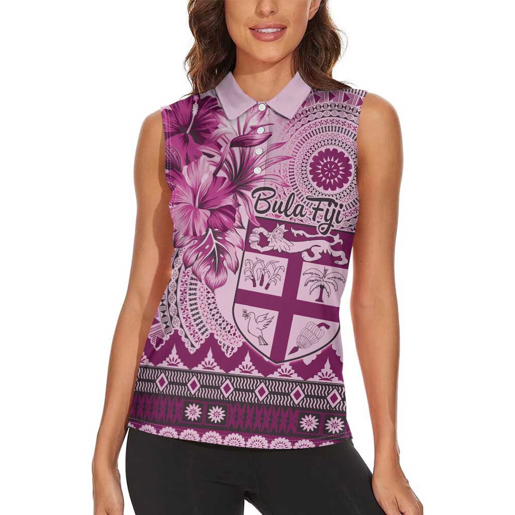 Vintage Bula Fiji Personalised Women Sleeveless Polo Shirt Pink Hibiscus Tapa Pattern