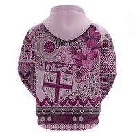 Vintage Bula Fiji Personalised Zip Hoodie Pink Hibiscus Tapa Pattern