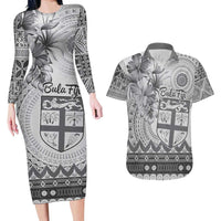 Vintage Bula Fiji Personalised Couples Matching Long Sleeve Bodycon Dress and Hawaiian Shirt Beige Hibiscus Tapa Pattern LT9 White - Polynesian Pride