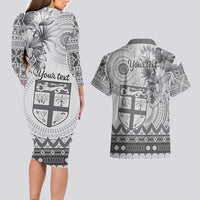 Vintage Bula Fiji Personalised Couples Matching Long Sleeve Bodycon Dress and Hawaiian Shirt Beige Hibiscus Tapa Pattern LT9 - Polynesian Pride