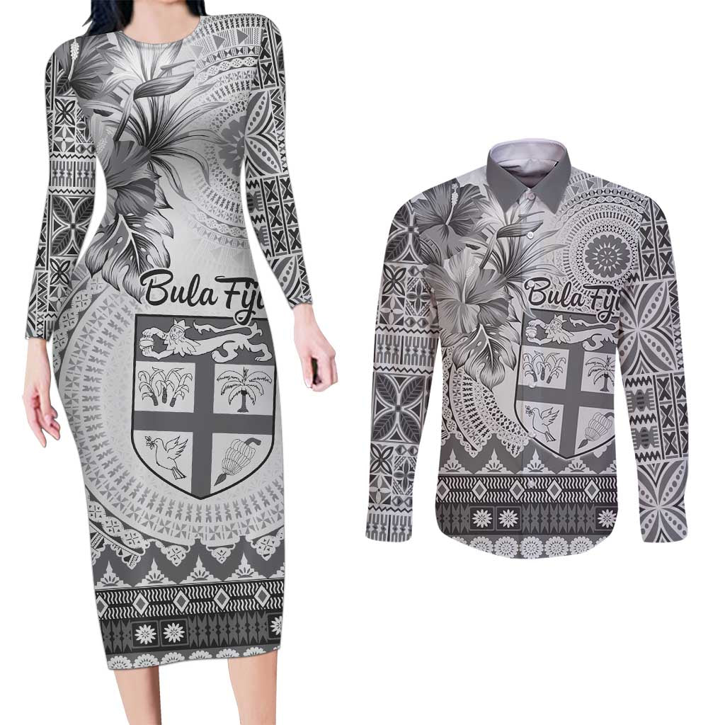 Vintage Bula Fiji Personalised Couples Matching Long Sleeve Bodycon Dress and Long Sleeve Button Shirt Beige Hibiscus Tapa Pattern LT9 White - Polynesian Pride