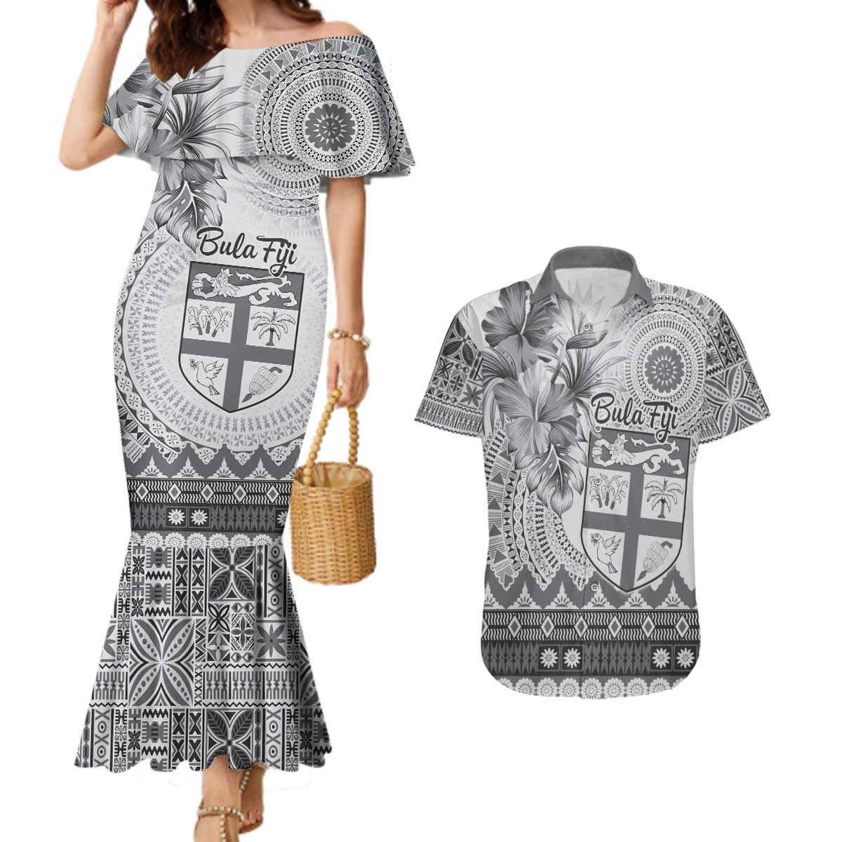 Vintage Bula Fiji Personalised Couples Matching Mermaid Dress and Hawaiian Shirt Beige Hibiscus Tapa Pattern LT9 White - Polynesian Pride
