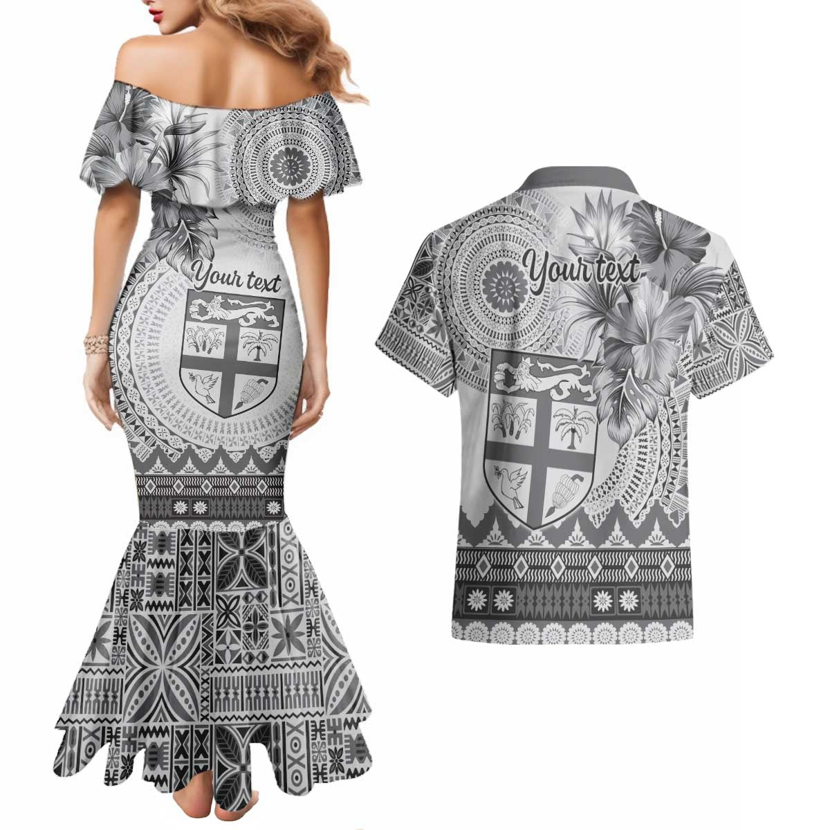 Vintage Bula Fiji Personalised Couples Matching Mermaid Dress and Hawaiian Shirt Beige Hibiscus Tapa Pattern LT9 - Polynesian Pride