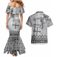 Vintage Bula Fiji Personalised Couples Matching Mermaid Dress and Hawaiian Shirt Beige Hibiscus Tapa Pattern LT9 - Polynesian Pride