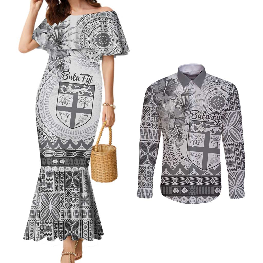 Vintage Bula Fiji Personalised Couples Matching Mermaid Dress and Long Sleeve Button Shirt Beige Hibiscus Tapa Pattern LT9 White - Polynesian Pride