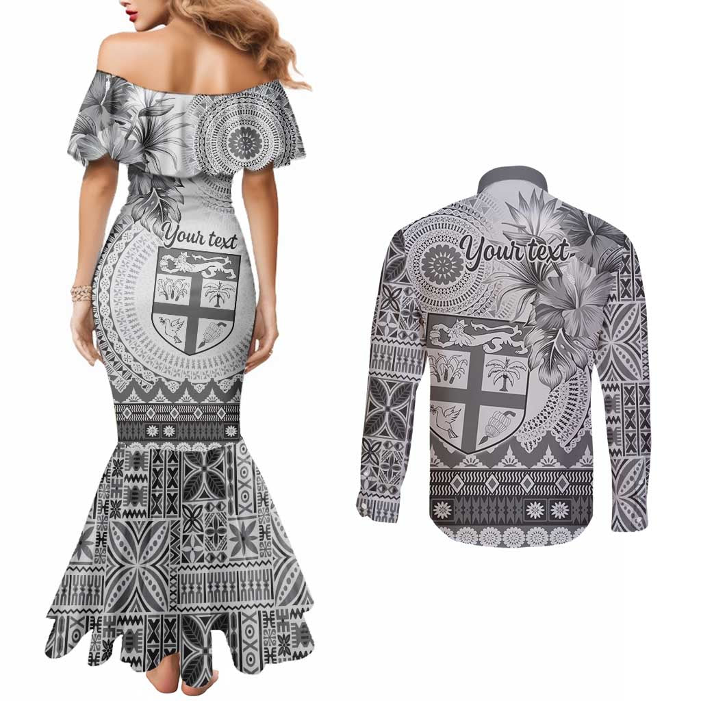 Vintage Bula Fiji Personalised Couples Matching Mermaid Dress and Long Sleeve Button Shirt Beige Hibiscus Tapa Pattern LT9 - Polynesian Pride