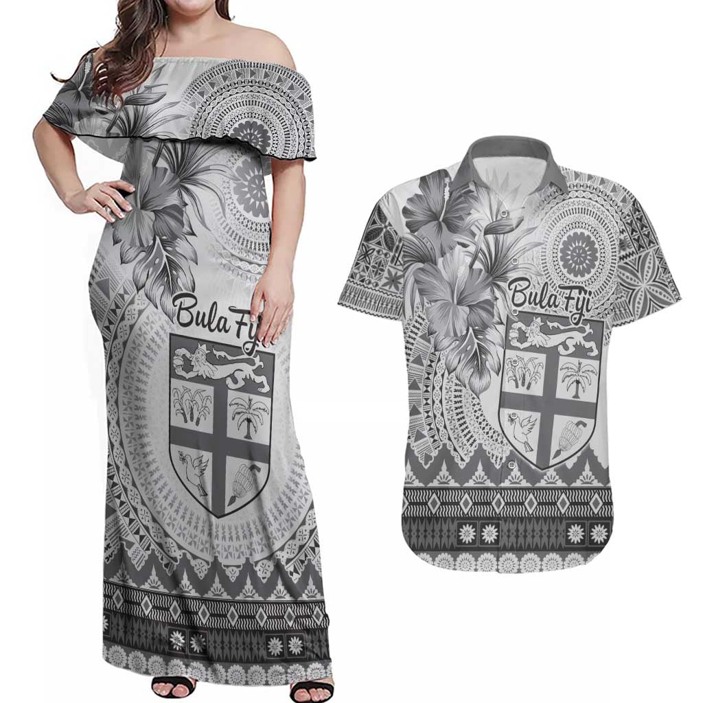 Vintage Bula Fiji Personalised Couples Matching Off Shoulder Maxi Dress and Hawaiian Shirt Beige Hibiscus Tapa Pattern LT9 White - Polynesian Pride