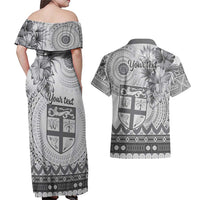 Vintage Bula Fiji Personalised Couples Matching Off Shoulder Maxi Dress and Hawaiian Shirt Beige Hibiscus Tapa Pattern LT9 - Polynesian Pride