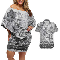 Vintage Bula Fiji Personalised Couples Matching Off Shoulder Short Dress and Hawaiian Shirt Beige Hibiscus Tapa Pattern LT9 White - Polynesian Pride
