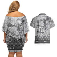 Vintage Bula Fiji Personalised Couples Matching Off Shoulder Short Dress and Hawaiian Shirt Beige Hibiscus Tapa Pattern LT9 - Polynesian Pride