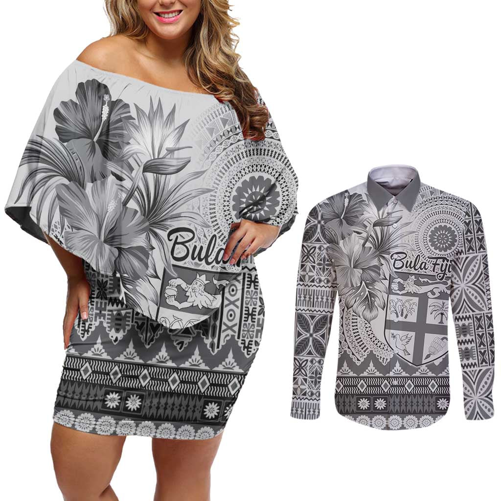 Vintage Bula Fiji Personalised Couples Matching Off Shoulder Short Dress and Long Sleeve Button Shirt Beige Hibiscus Tapa Pattern LT9 White - Polynesian Pride