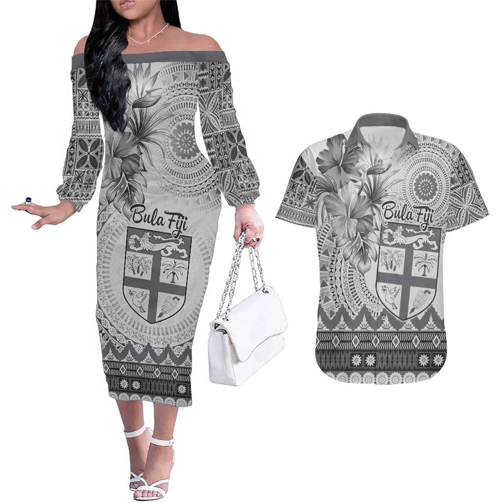 Vintage Bula Fiji Personalised Couples Matching Off The Shoulder Long Sleeve Dress and Hawaiian Shirt Beige Hibiscus Tapa Pattern LT9 White - Polynesian Pride