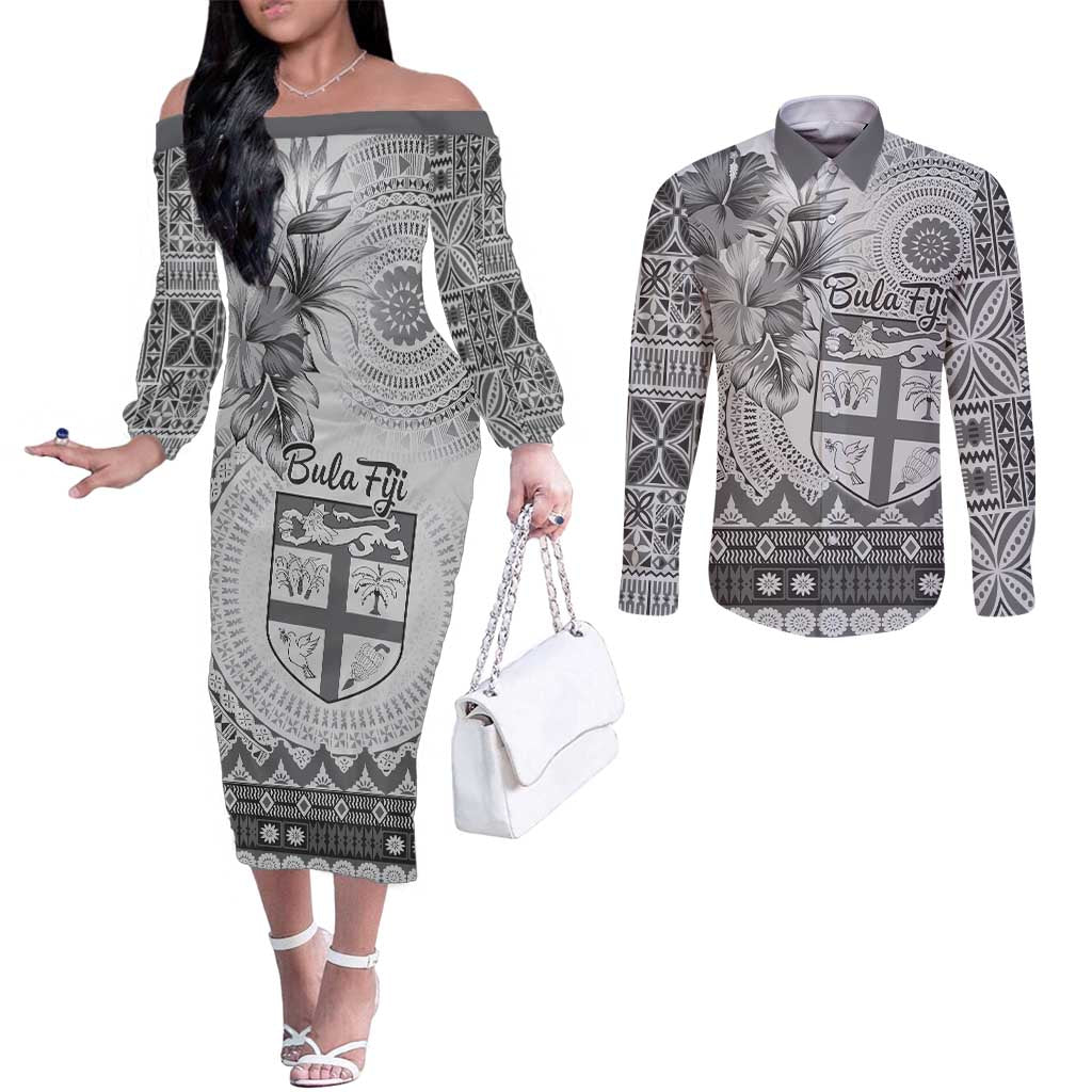 Vintage Bula Fiji Personalised Couples Matching Off The Shoulder Long Sleeve Dress and Long Sleeve Button Shirt Beige Hibiscus Tapa Pattern LT9 White - Polynesian Pride