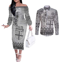 Vintage Bula Fiji Personalised Couples Matching Off The Shoulder Long Sleeve Dress and Long Sleeve Button Shirt Beige Hibiscus Tapa Pattern LT9 White - Polynesian Pride