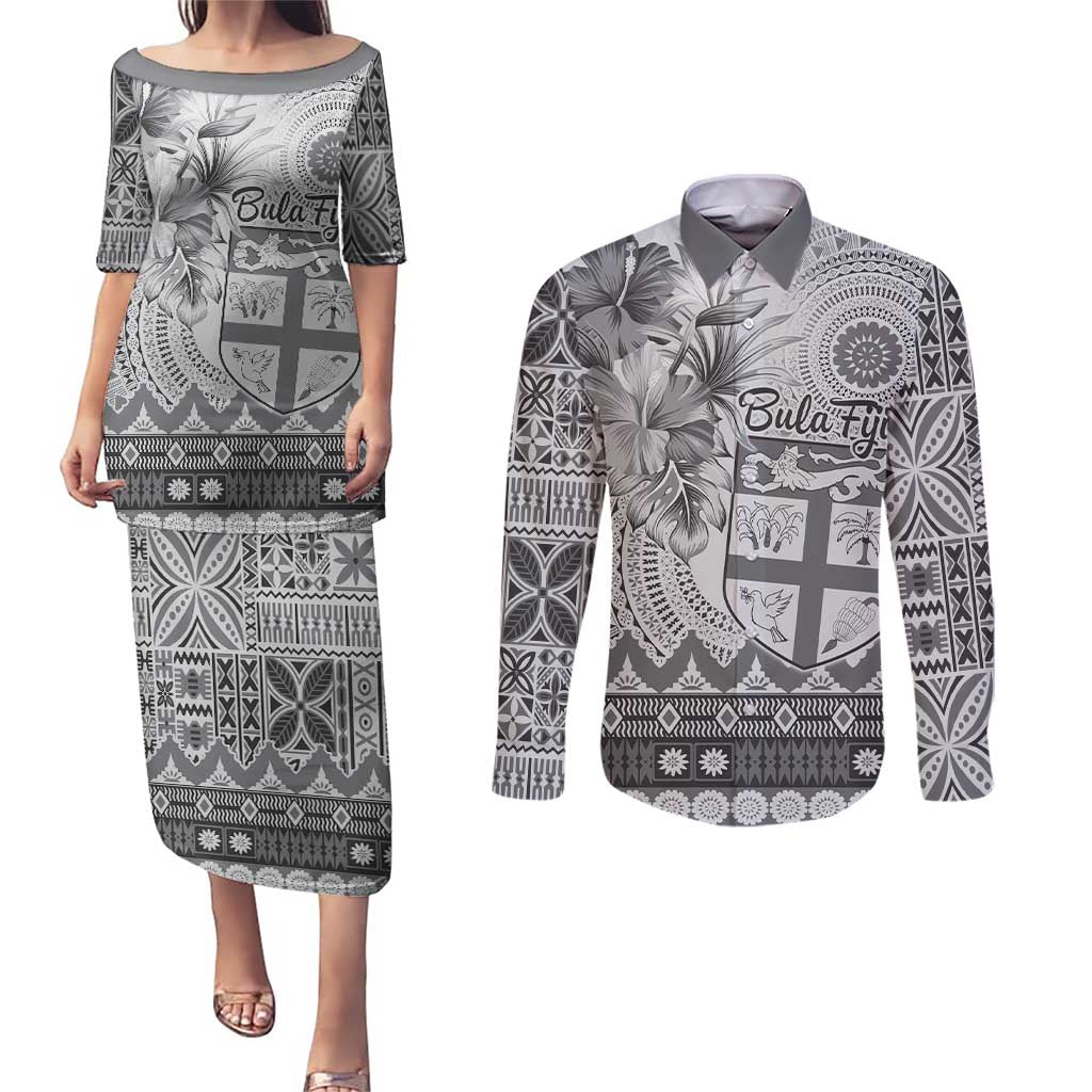 Vintage Bula Fiji Personalised Couples Matching Puletasi and Long Sleeve Button Shirt Beige Hibiscus Tapa Pattern