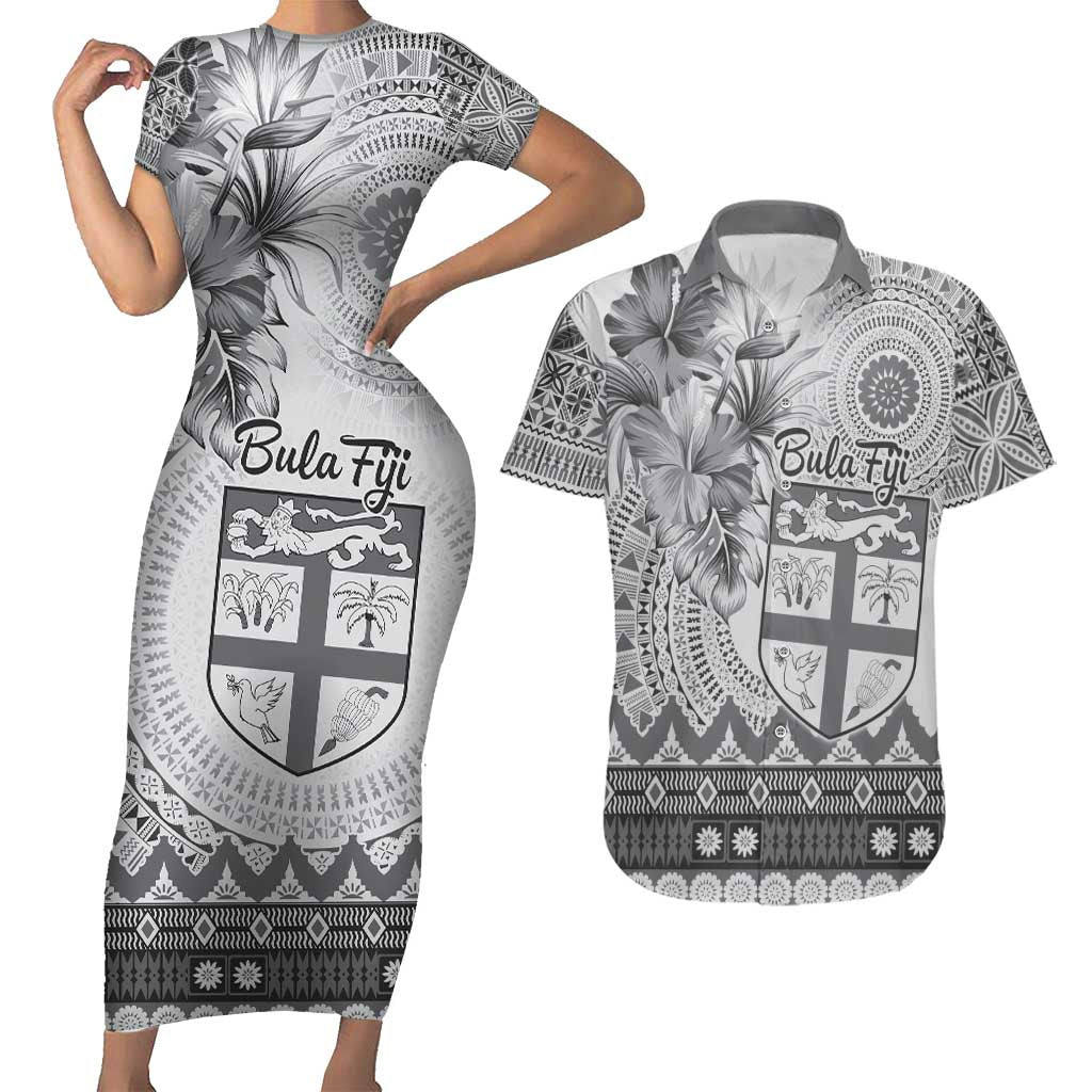 Vintage Bula Fiji Personalised Couples Matching Short Sleeve Bodycon Dress and Hawaiian Shirt Beige Hibiscus Tapa Pattern LT9 White - Polynesian Pride