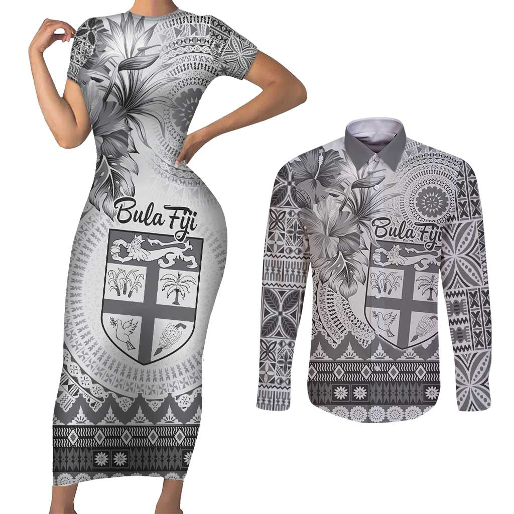 Vintage Bula Fiji Personalised Couples Matching Short Sleeve Bodycon Dress and Long Sleeve Button Shirt Beige Hibiscus Tapa Pattern LT9 White - Polynesian Pride