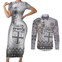 Vintage Bula Fiji Personalised Couples Matching Short Sleeve Bodycon Dress and Long Sleeve Button Shirt Beige Hibiscus Tapa Pattern LT9 White - Polynesian Pride