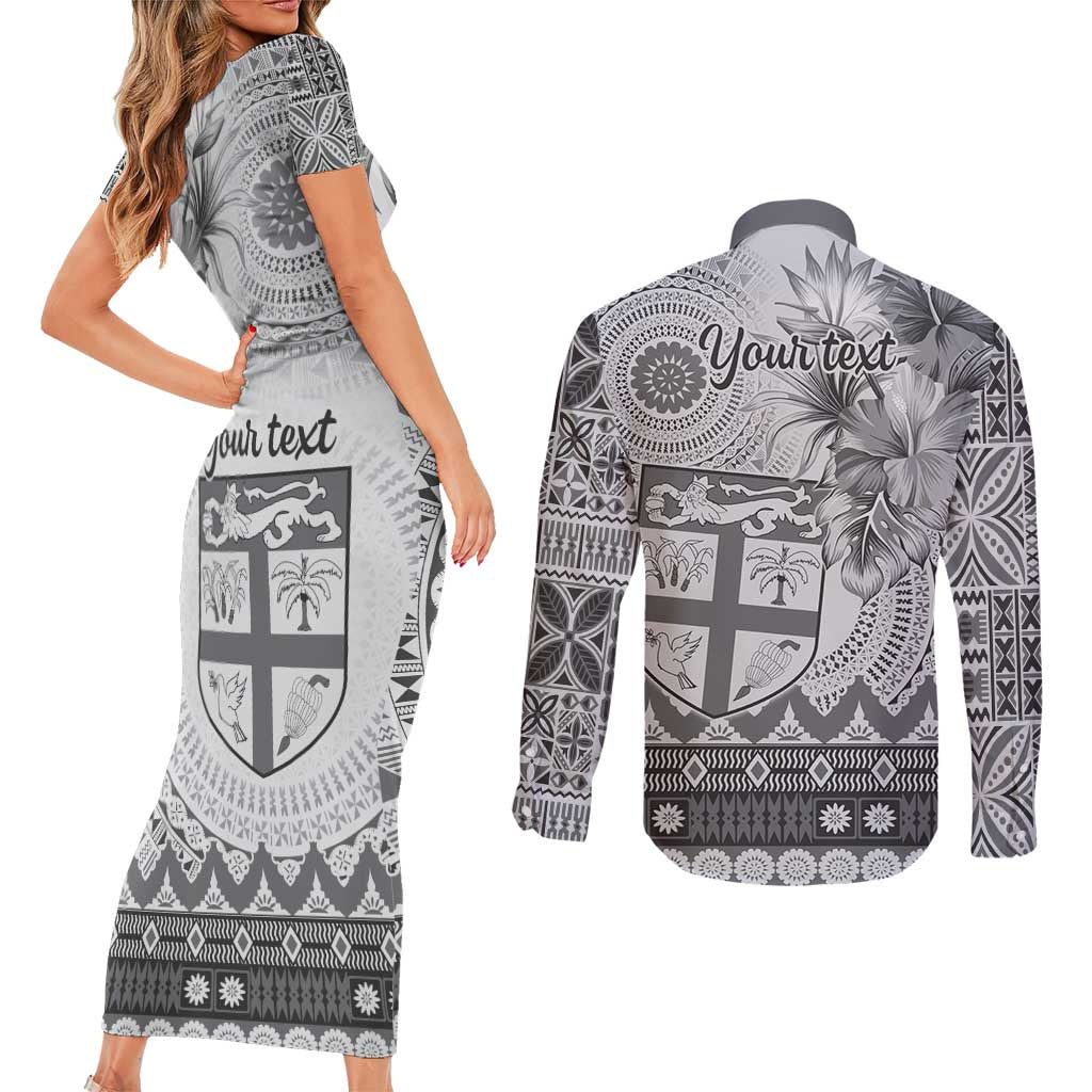 Vintage Bula Fiji Personalised Couples Matching Short Sleeve Bodycon Dress and Long Sleeve Button Shirt Beige Hibiscus Tapa Pattern LT9 - Polynesian Pride