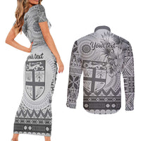 Vintage Bula Fiji Personalised Couples Matching Short Sleeve Bodycon Dress and Long Sleeve Button Shirt Beige Hibiscus Tapa Pattern LT9 - Polynesian Pride