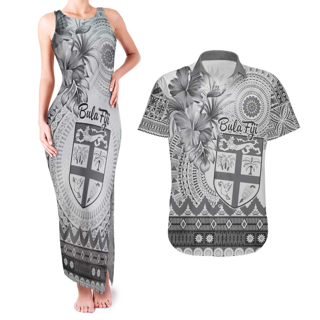 Vintage Bula Fiji Personalised Couples Matching Tank Maxi Dress and Hawaiian Shirt Beige Hibiscus Tapa Pattern LT9 White - Polynesian Pride