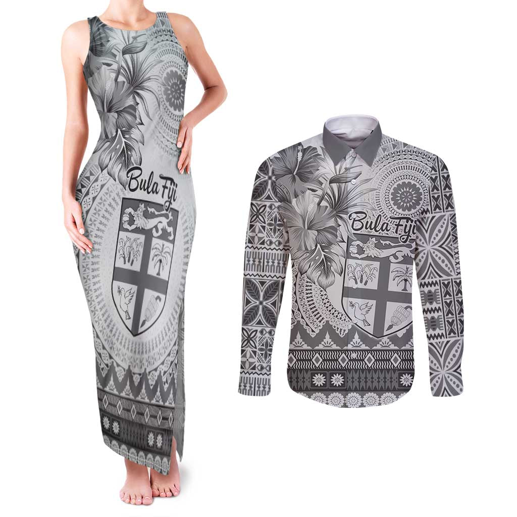 Vintage Bula Fiji Personalised Couples Matching Tank Maxi Dress and Long Sleeve Button Shirt Beige Hibiscus Tapa Pattern