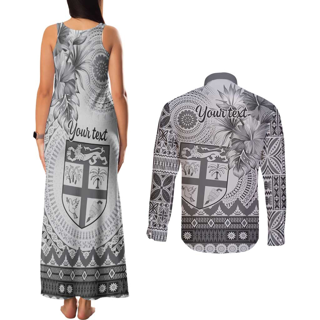 Vintage Bula Fiji Personalised Couples Matching Tank Maxi Dress and Long Sleeve Button Shirt Beige Hibiscus Tapa Pattern LT9 - Polynesian Pride