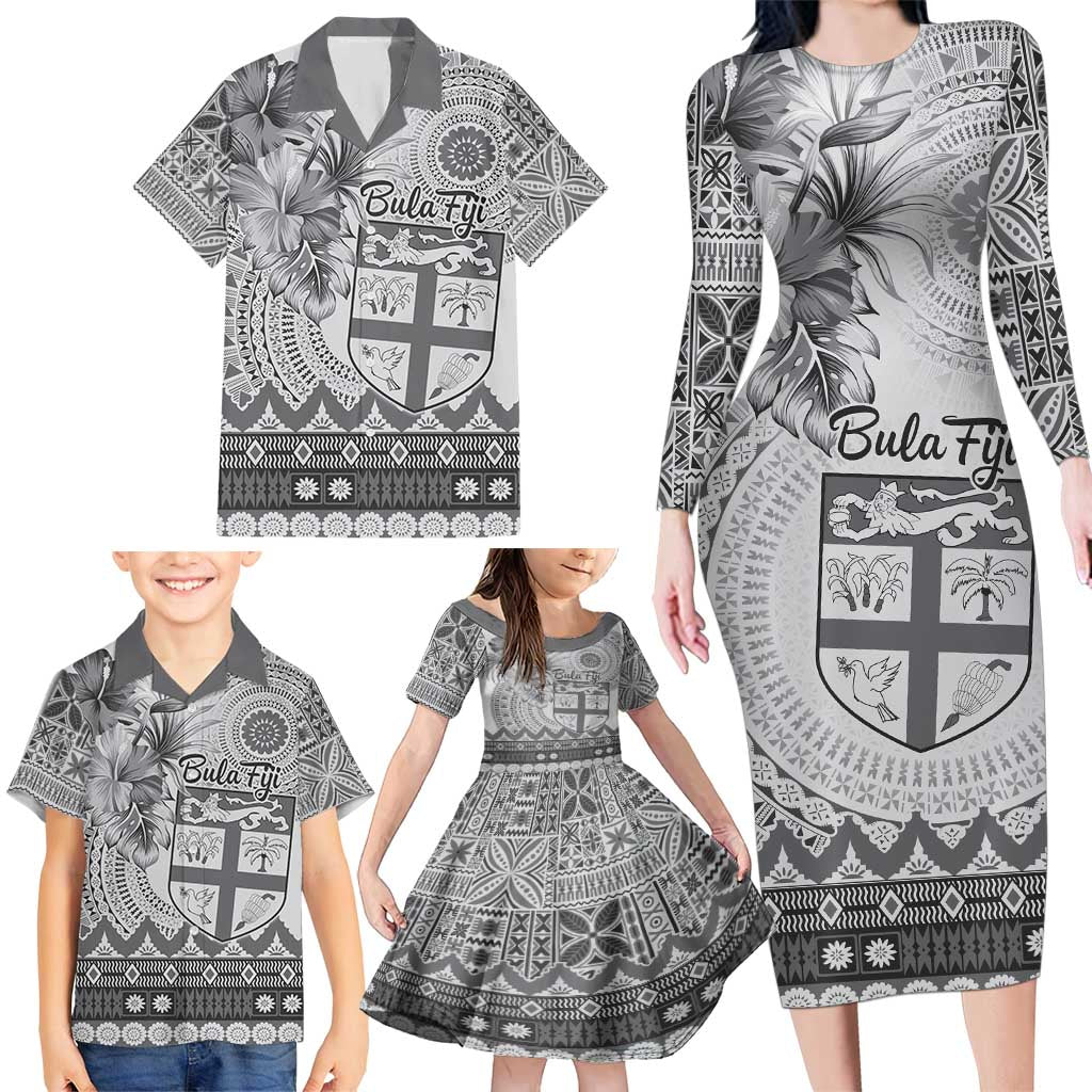 Vintage Bula Fiji Personalised Family Matching Long Sleeve Bodycon Dress and Hawaiian Shirt Beige Hibiscus Tapa Pattern LT9 - Polynesian Pride