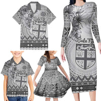 Vintage Bula Fiji Personalised Family Matching Long Sleeve Bodycon Dress and Hawaiian Shirt Beige Hibiscus Tapa Pattern LT9 - Polynesian Pride