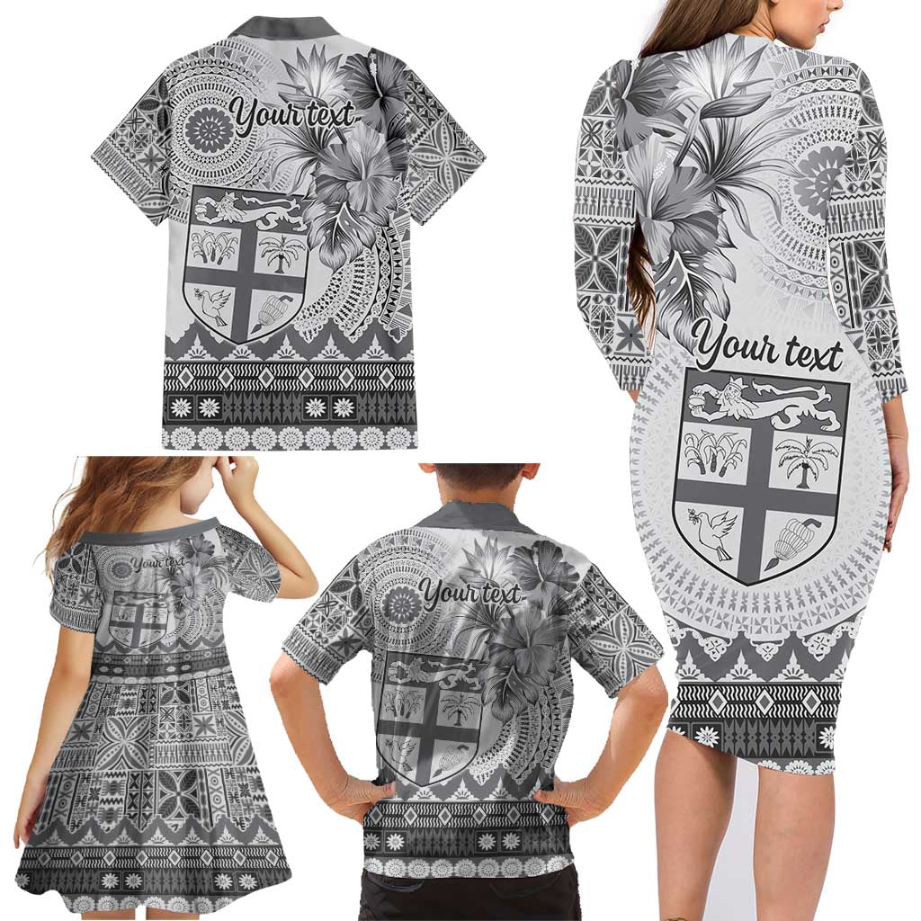 Vintage Bula Fiji Personalised Family Matching Long Sleeve Bodycon Dress and Hawaiian Shirt Beige Hibiscus Tapa Pattern LT9 - Polynesian Pride